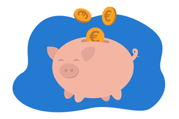 Ilustração de um porquinho mealheiro cor de rosa com moedas de euro a sair da sua parte superior