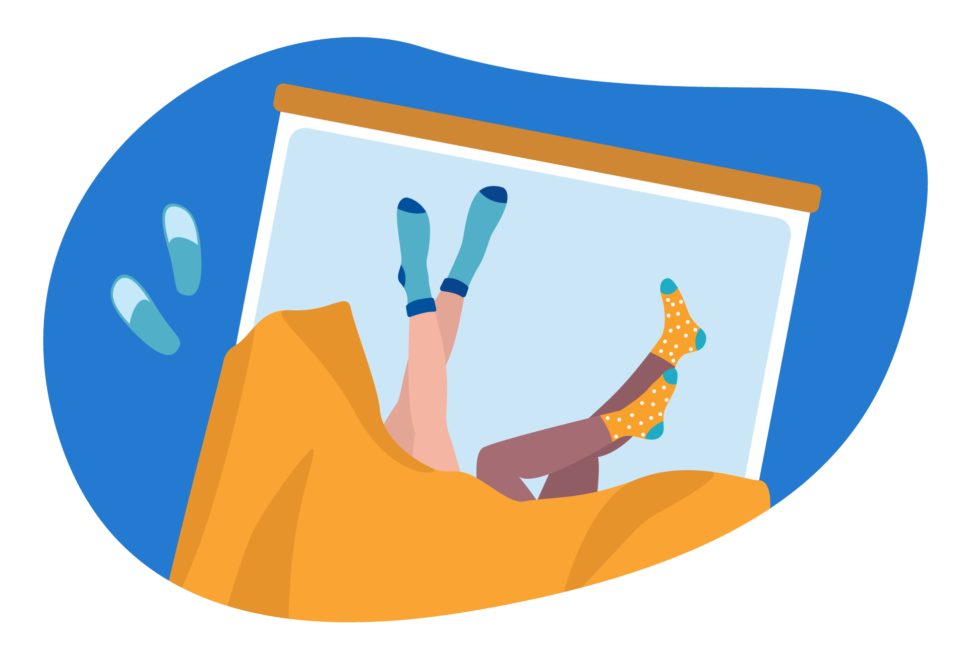 Ilustração de pernas na cama, com meias