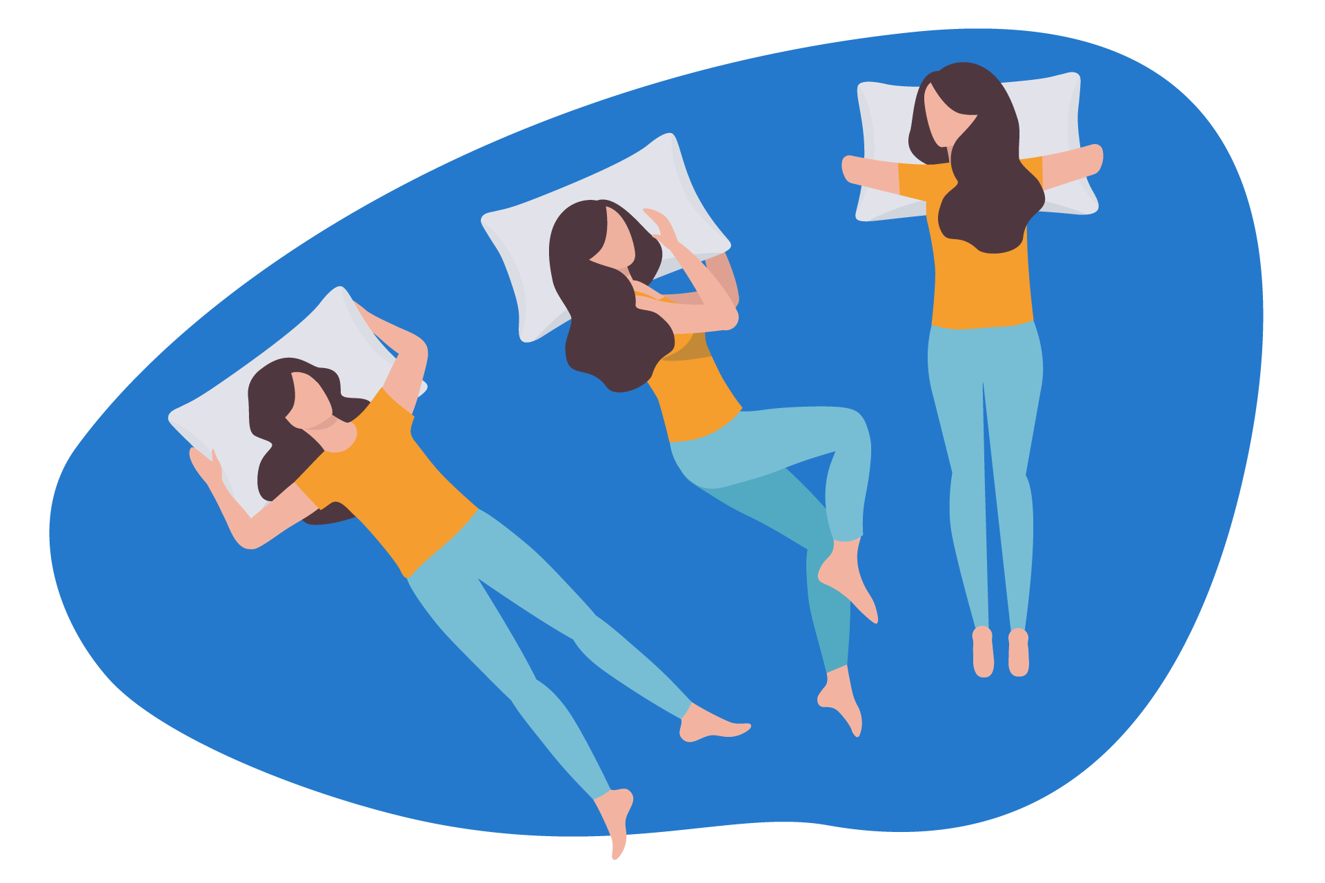 Ilustração de uma mulher deitada em 3 posições diferentes: de costas, de lado e de bruços.