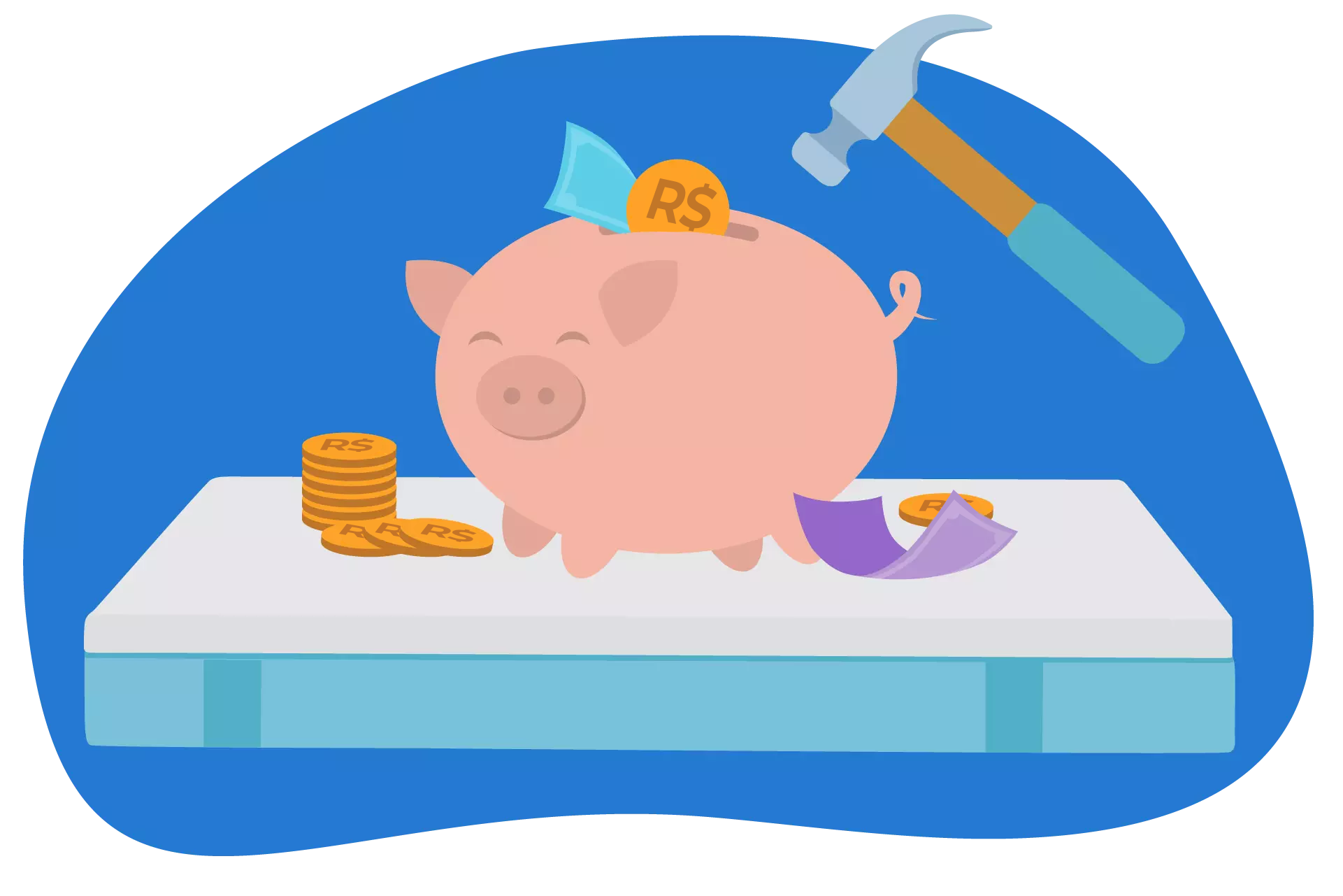 Desenho de um cofre em formato de porquinho com moedas inseridas e um martelo ao lado.