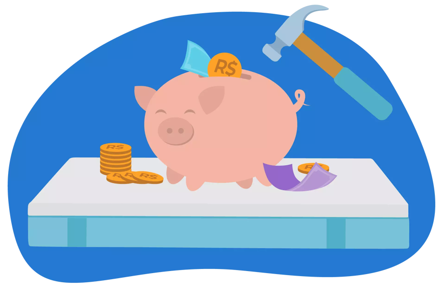Desenho de um cofrinho em forma de porco, com moedas e notas sendo inseridas, e um martelo ao lado