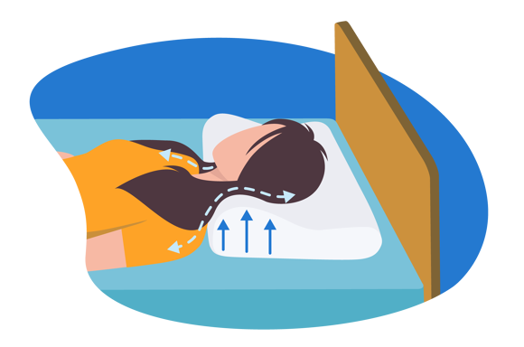 Ilustração de uma mulher deitada na cama utilizando uma almofada cervical.