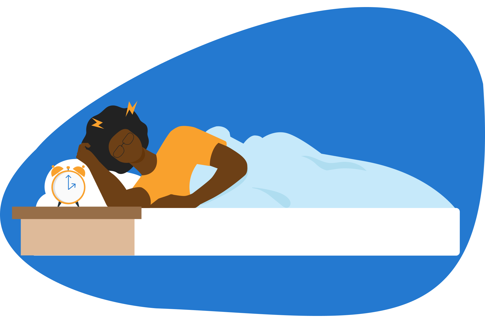 Desenho de uma pessoa deitada na cama porém sem conseguir dormir