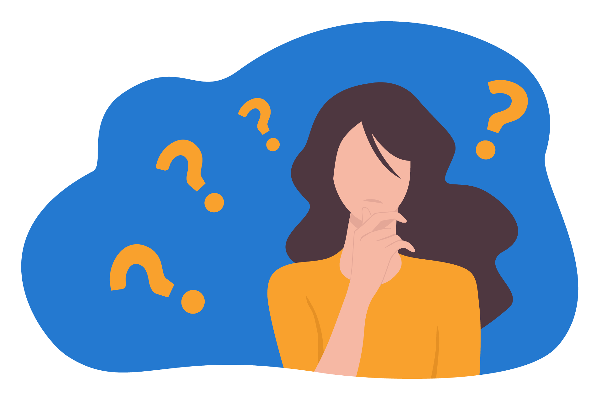 Desenho de uma mulher pensando, ao lado de pontos de interrogação.