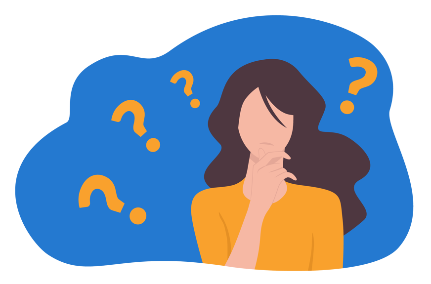 Desenho de uma mulher pensando, ao lado de pontos de interrogação.