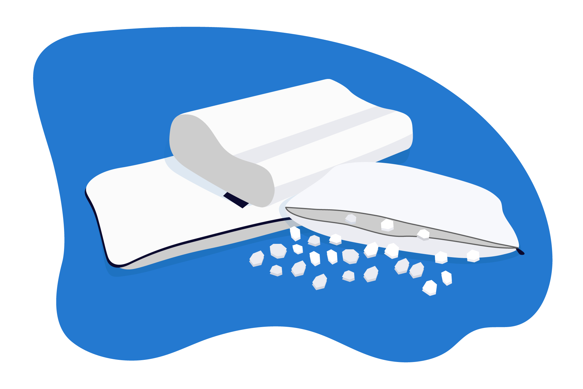 Três almofadas viscoelásticas empilhadas, uma das almofadas está aberta para mostrar o seu interior.