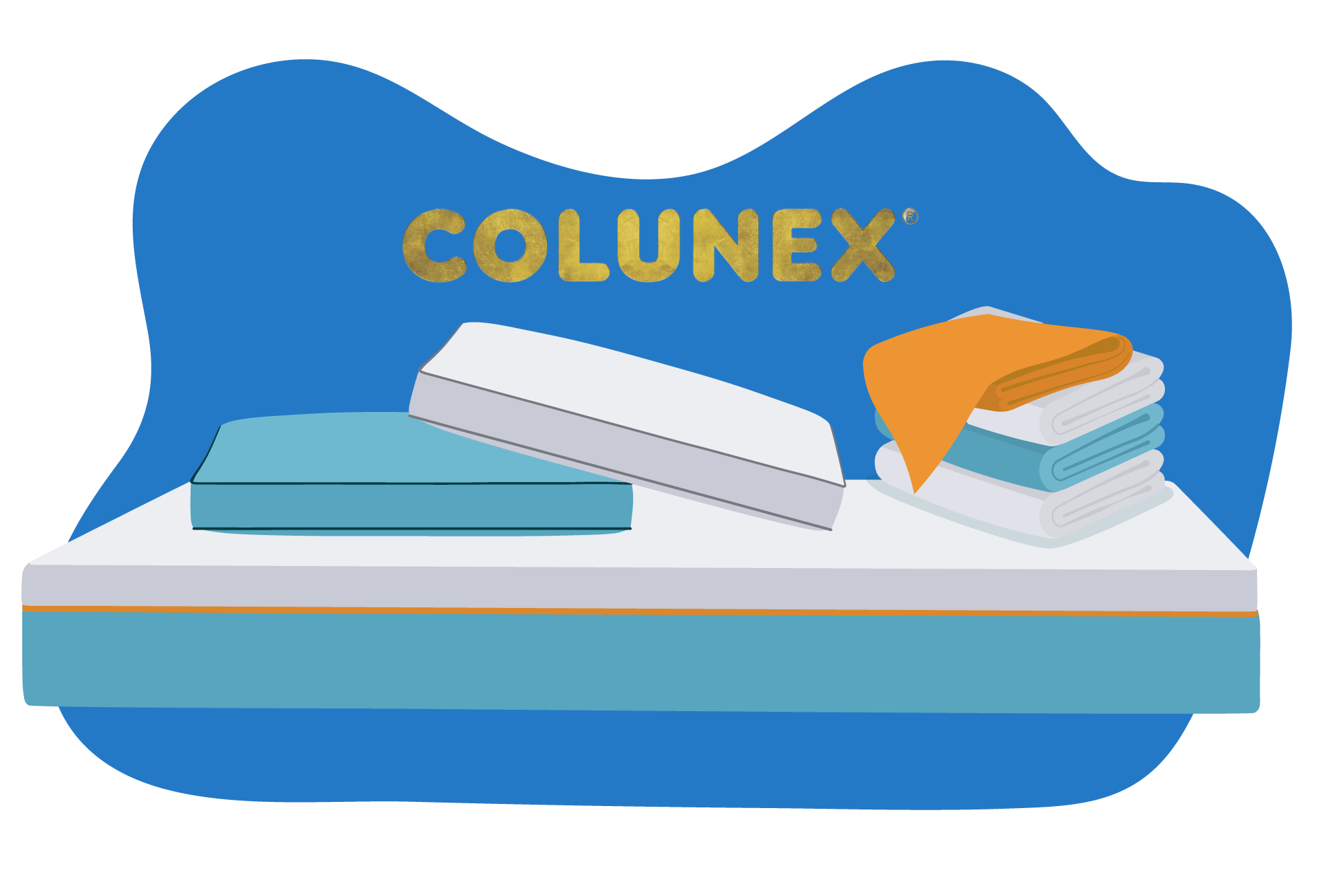 Produtos para dormir da marca Colunex com logotipo