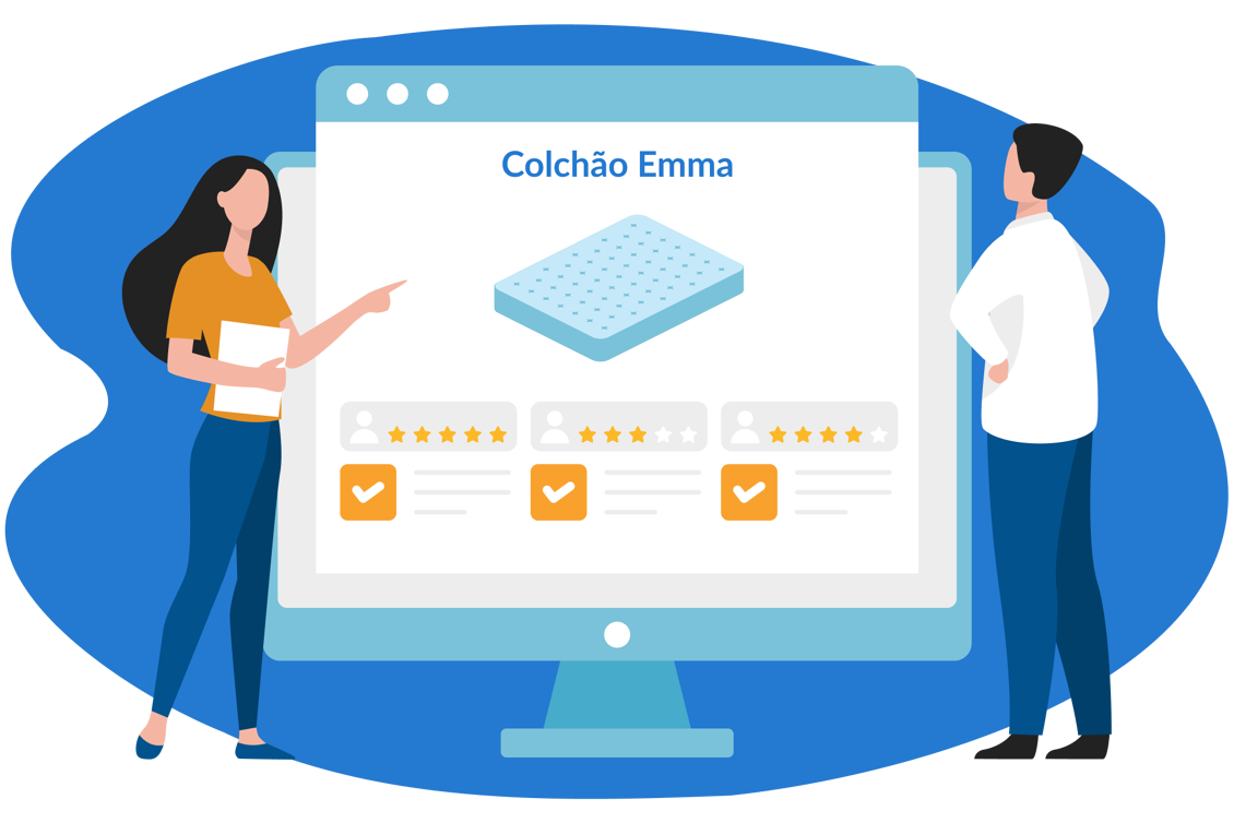 Ilustração de duas pessoas a observar um ecrã com avaliações sobre o colchão Emma.