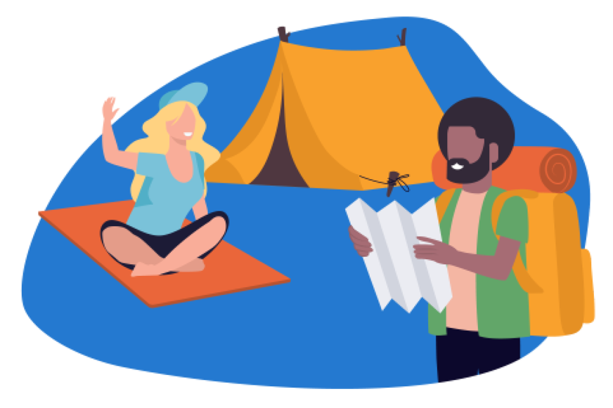 Duas pessoas a acampar com uma tenda e um saco-cama