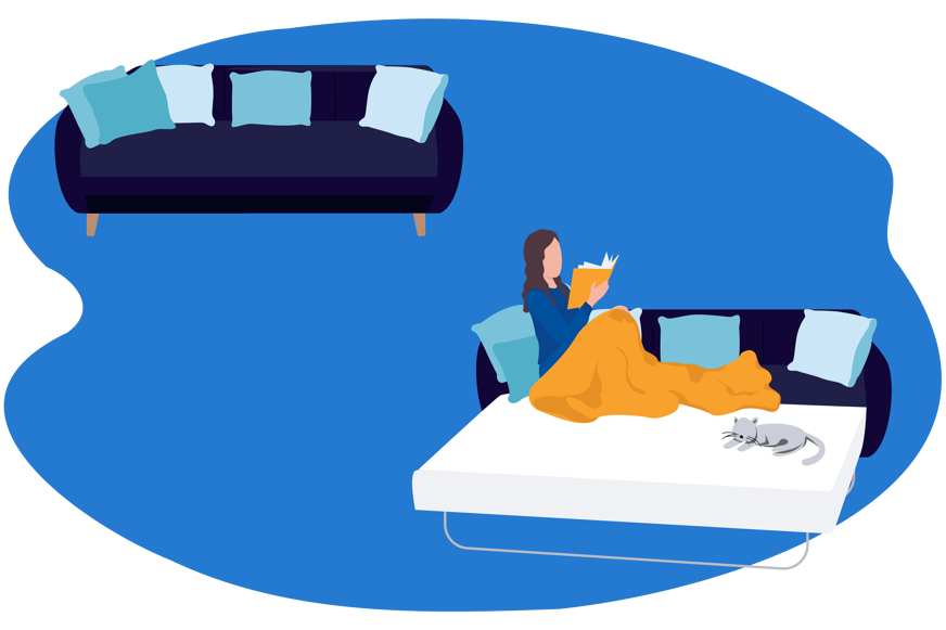 Sofá durante o dia e sofá convertido em cama, utilizado por uma pessoa a ler um livro com um gatinho deitado ao seu lado. Isto representa a conversão de um sofá-cama em cama durante a noite.