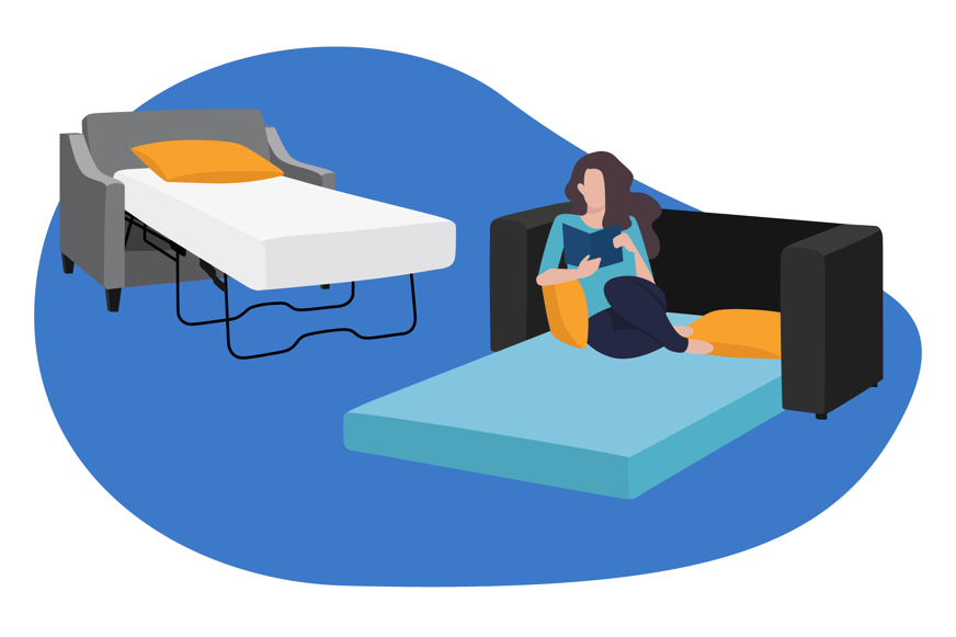 Dois tipos diferentes de sofá-cama abertos. Um deles está ocupado por uma pessoa sentada a ler um livro. Ambas as camas têm almofadas amarelas.