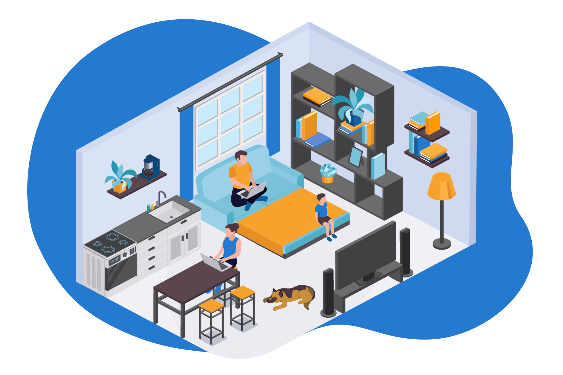 Casa pequena, com uma mesa de cozinha ocupada por uma pessoa no computador. Um cão de raça pastor alemão está deitado no chão. Há uma prateleira por cima da zona da cozinha, com uma planta. Ao lado, está um sofá-cama desdobrado ocupado por alguém a ver televisão junto a uma janela. O resto do quarto está ocupado por estantes e prateleiras com livros e uma lâmpada.