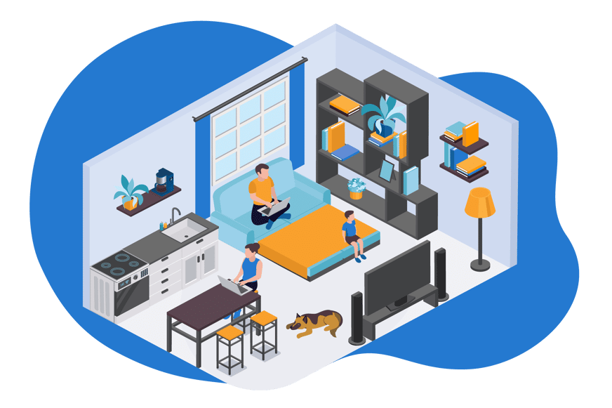 Casa pequena, com uma mesa de cozinha ocupada por uma pessoa no computador. Um cão de raça pastor alemão está deitado no chão. Há uma prateleira por cima da zona da cozinha, com uma planta. Ao lado, está um sofá-cama desdobrado ocupado por alguém a ver televisão junto a uma janela. O resto do quarto está ocupado por estantes e prateleiras com livros e uma lâmpada.